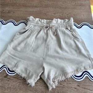 Women’s linen and viscose tan shorts with paper bag drawstring waist, Sz S